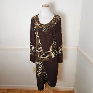 Love the Queen Dress Sz Large Womens Brown Fuzzy Animal Distress Grunge Midi Art